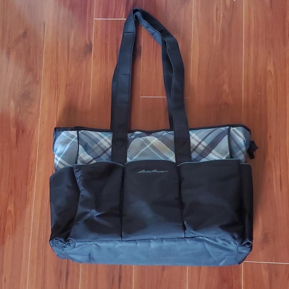 Eddie Bauer Black Plaid-Accent Kids Tote Bag w/changing pad